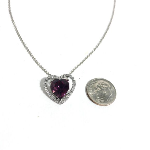 Purple Rhinestone Heart Pendant Necklace Silver Tone Dainty Chain Birthstone - Picture 3 of 7